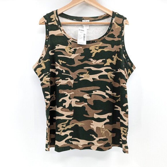 Tank Top Women's Plus 18/20W Camo Scoop‎ Neck Glass Stone Trim Sleeveless - Picture 1 of 10